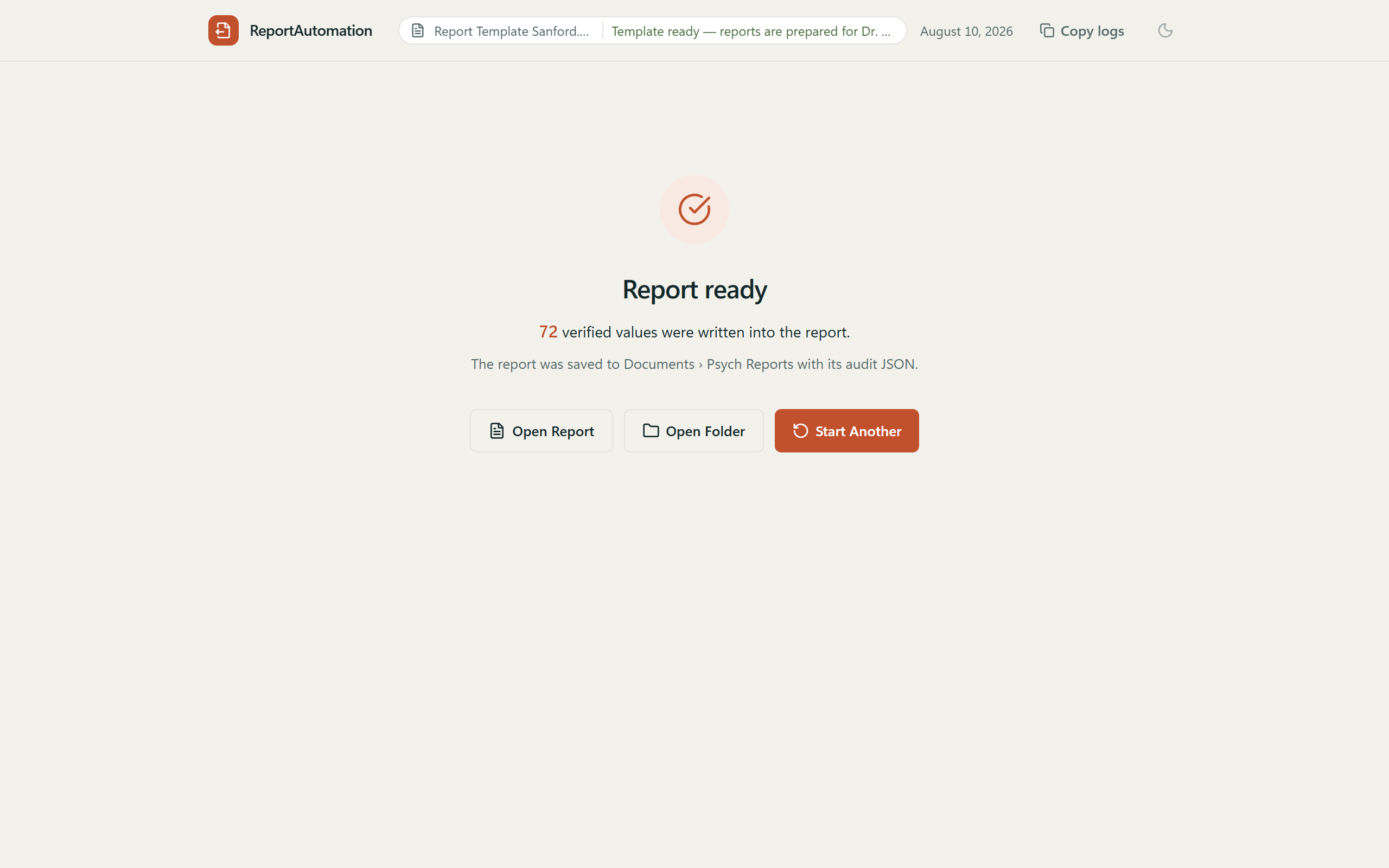 The completion screen: a seal marked “Report ready”, the count of verified values written, and buttons to open the report or its folder.