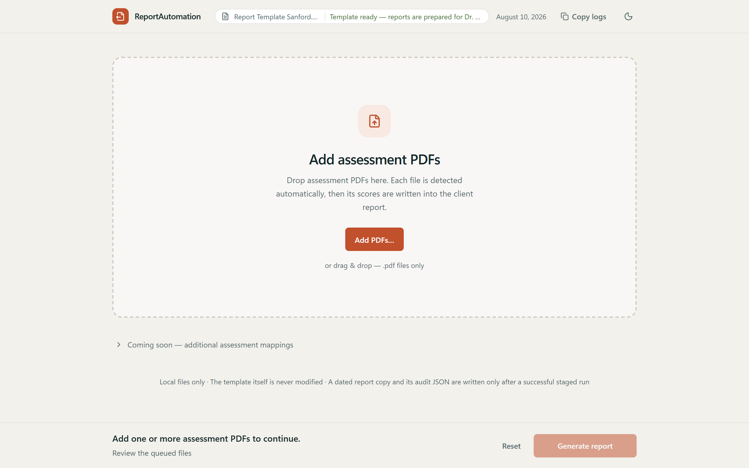 The ReportAutomation window in its empty state, inviting the clinician to add assessment PDFs by drag and drop.