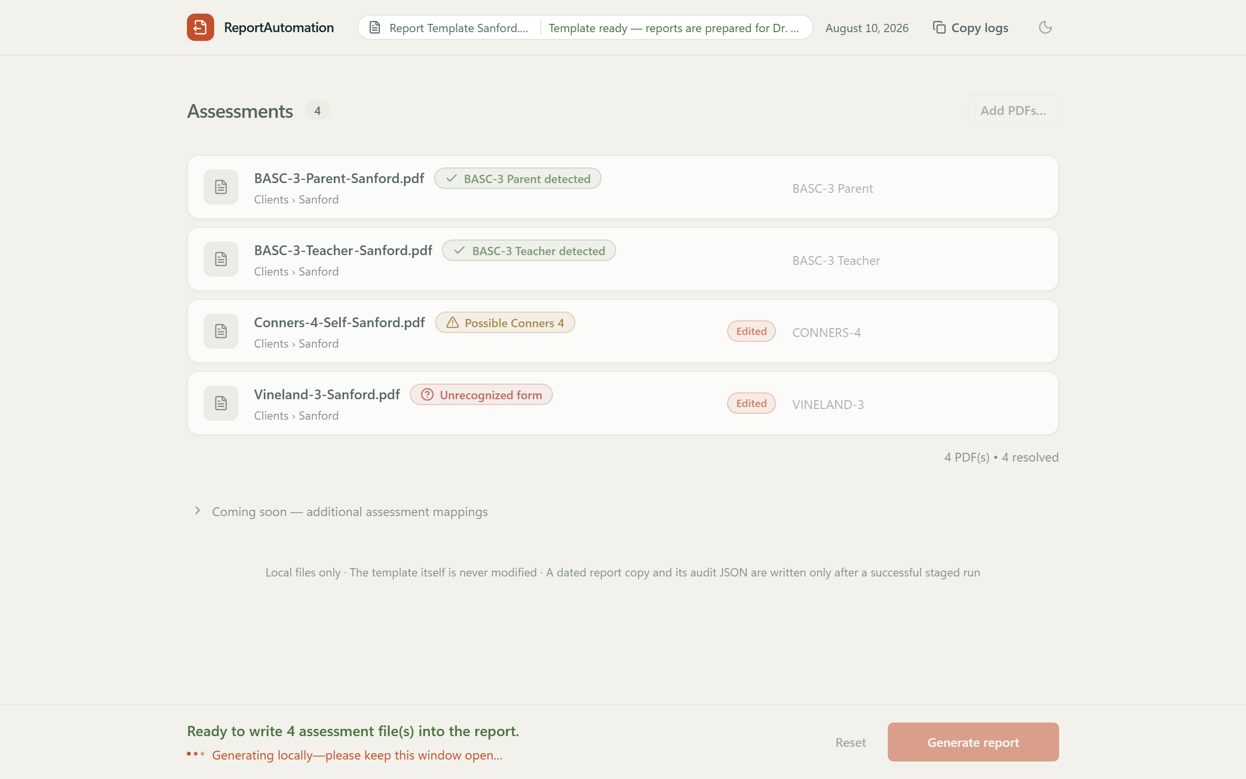 The app writing scores into the report, with every queued file resolved and generation in progress.